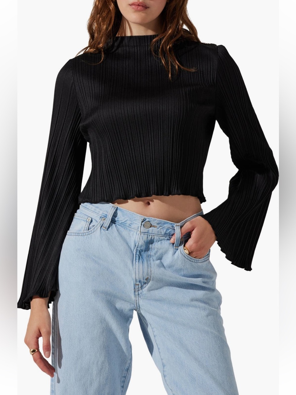 Astr the Label Plissé Black Mock Neck Long Sleeve Crop Top